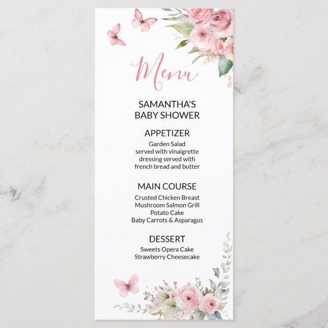 Cute Bunny Baby Shower Girl Pink Floral Menu (Front)
