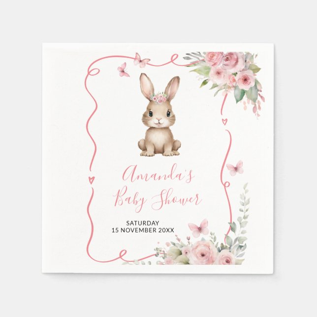 Cute Bunny Baby Shower Girl Pink Floral Paper Napkins (Front)