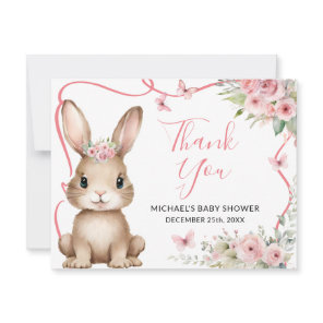 Cute Bunny Baby Shower Girl Pink Floral Thank You Card