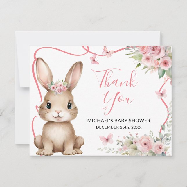 Cute Bunny Baby Shower Girl Pink Floral Thank You Card (Front)