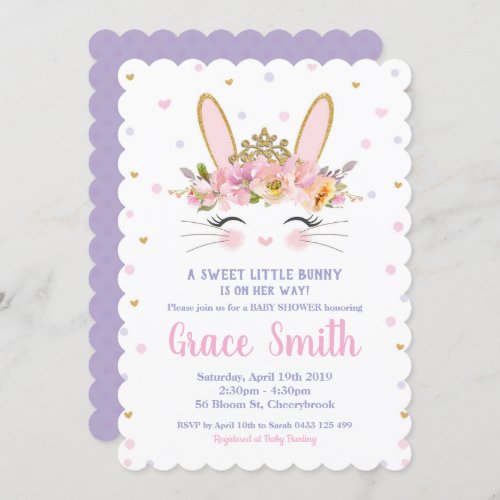 Cute Bunny Baby Shower Invitation Girl Purple