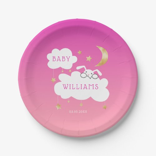 Cute Bunny Baby Shower Pink Gold Paper Plates