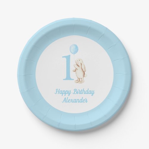 Cute Bunny  Balloon Blue Happy Birthday 1st Paper Plates