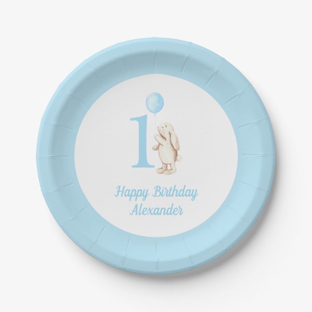 Cute Bunny & Balloon Blue Happy Birthday 1st Paper Plates (Front)