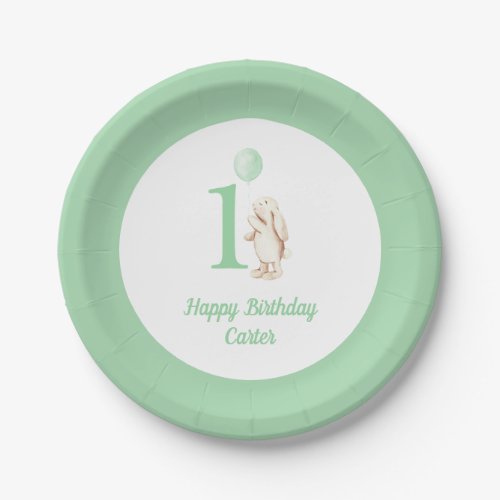 Cute Bunny  Balloon Green Happy Birthday 1st Paper Plates