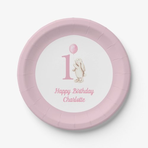 Cute Bunny  Balloon Pink Happy Birthday 1st Paper Plates