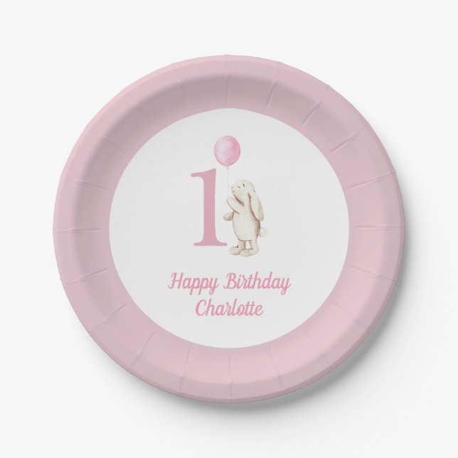 Cute Bunny & Balloon Pink Happy Birthday 1st Paper Plates (Front)