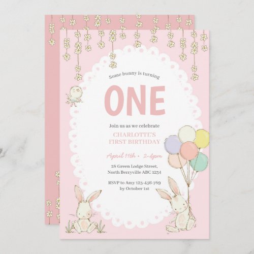 Cute Bunny Balloons Birthday Invitation