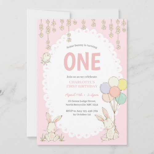 Cute Bunny Balloons Birthday Invitation