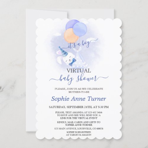 Cute Bunny Balloons Boy Virtual Baby Shower Invitation