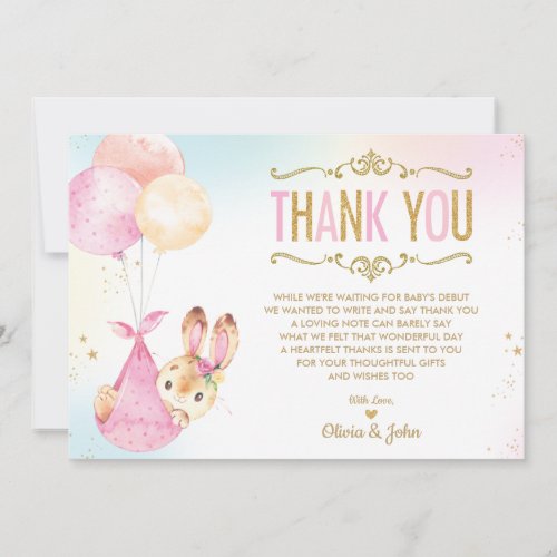 Cute Bunny Balloons Girl Baby Shower Sprinkle Thank You Card