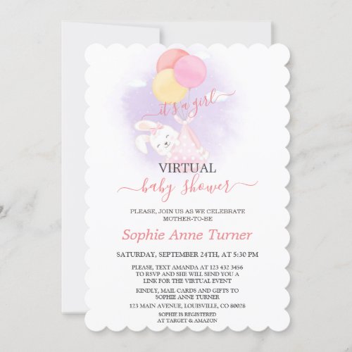 Cute Bunny Balloons Girl Virtual Baby Shower Invitation
