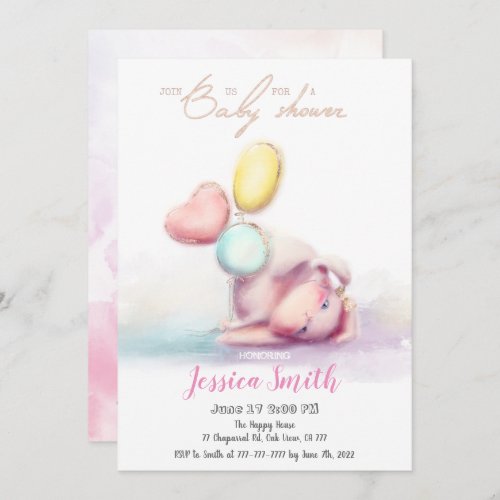 Cute Bunny Balloons Pink and gold  Baby Shower Invitation