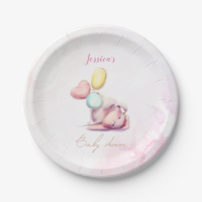 Cute Bunny Balloons Pink and gold Baby Shower Paper Plates (Front)