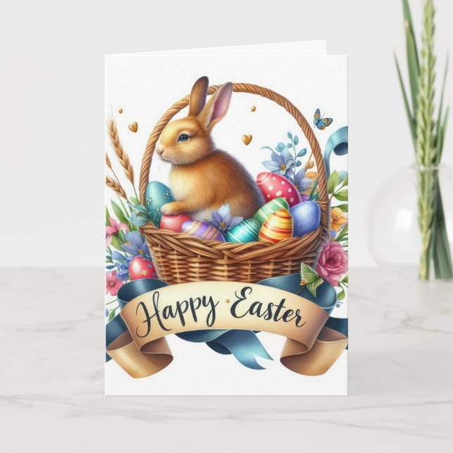 Cute Bunny Basket Illustration Easter Holiday Card (Front)