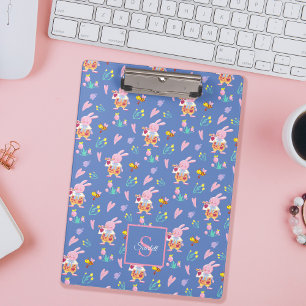 Cute Bunny & Bee Garden Pattern Blue Monogram Clipboard