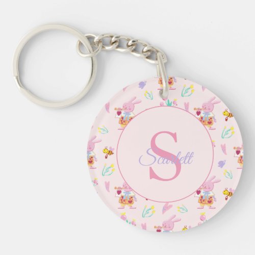 Cute bunny bee pattern Monogram Name pink Keychain