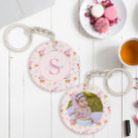 Cute Bunny Bee Pattern Monogram Name Pink  Keychain<br><div class="desc">Step into a whimsical world with this charming keychain, perfect for adding a personal touch to your everyday accessories. Featuring the playful "Joyful Melodies: Pink Rabbit's Birthday Symphony" design, this delightful pattern showcases a pink rabbit—reminiscent of Alice in Wonderland’s White Rabbit—joyfully playing a trumpet amidst a blooming spring garden. Fluttering...</div>