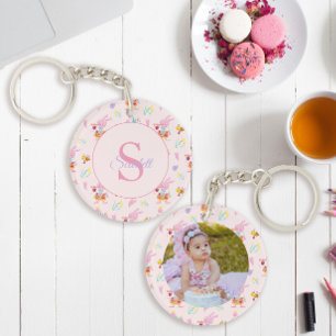 Cute Bunny Bee Pattern Monogram Name Pink Keychain