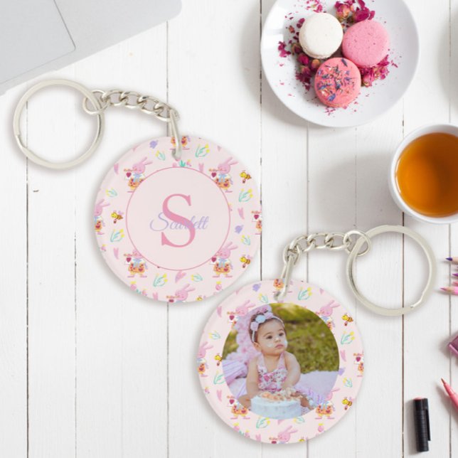 Cute Bunny Bee Pattern Monogram Name Pink  Keychain (Creator Uploaded)