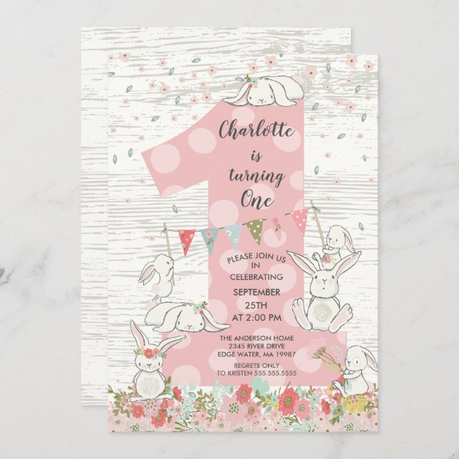 Cute Bunny Big One Girls Birthday Invitation (Front/Back)