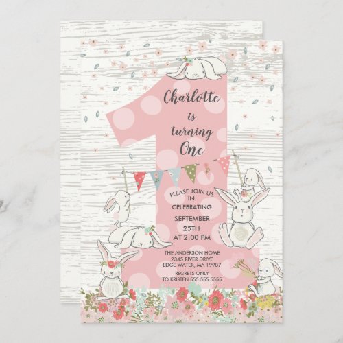 Cute Bunny Big One Girls Birthday Invitation