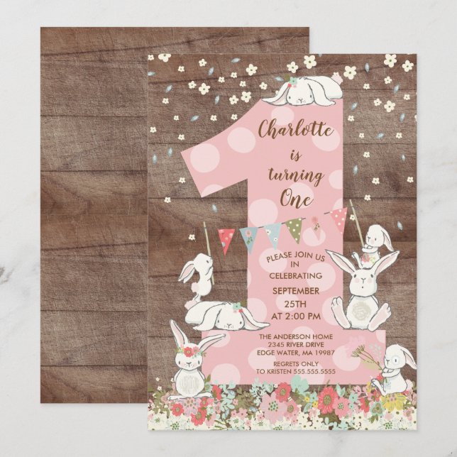 Cute Bunny Big One Girls Birthday Invitation (Front/Back)