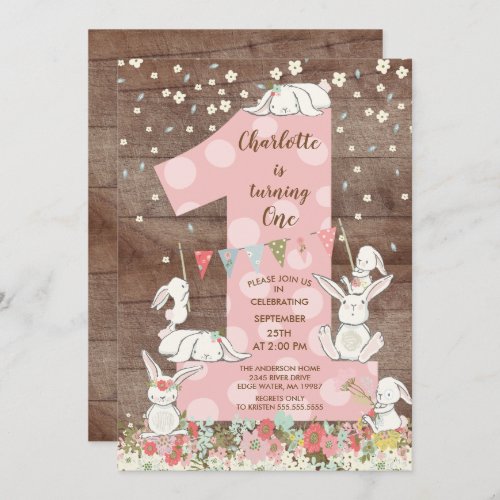 Cute Bunny Big One Girls Birthday Invitation