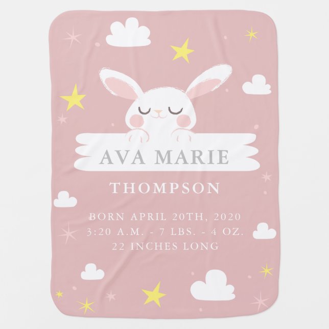 Cute Bunny Birth Announcement Fleece Baby Blanket (Front)