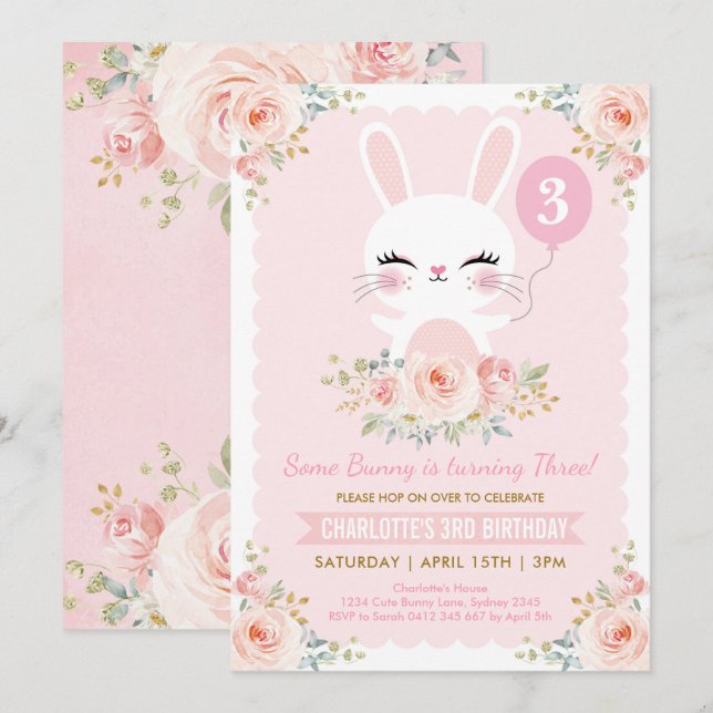 Cute Bunny Birthday Blush Pink Rose Rabbit Invitation (Front/Back)