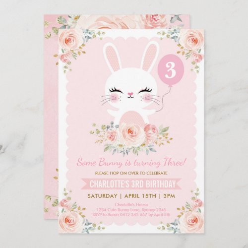 Cute Bunny Birthday Blush Pink Rose Rabbit Invitation