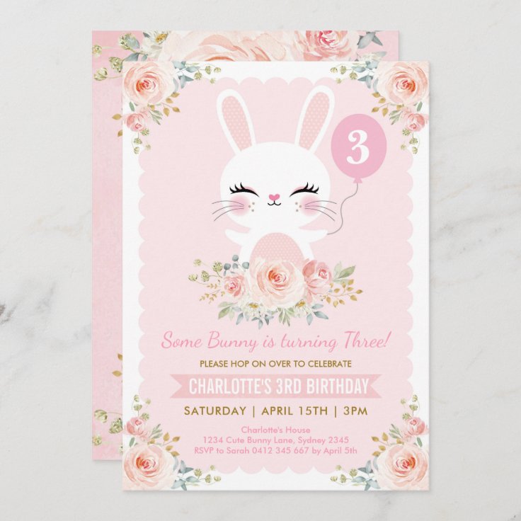 Cute Bunny Birthday Blush Pink Rose Rabbit Invitation | Zazzle