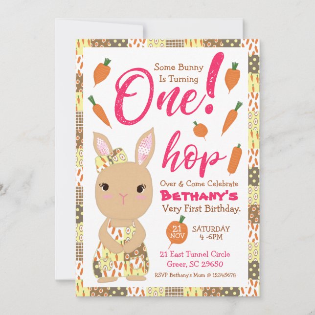 Cute Bunny Birthday Invitation For Girl (Front)