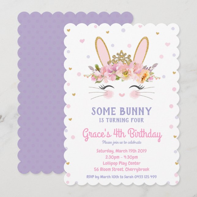 Cute Bunny Birthday Invitation Girls Rabbit Purple (Front/Back)