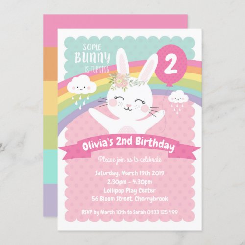 Cute Bunny Birthday Invitations Girls Rainbow