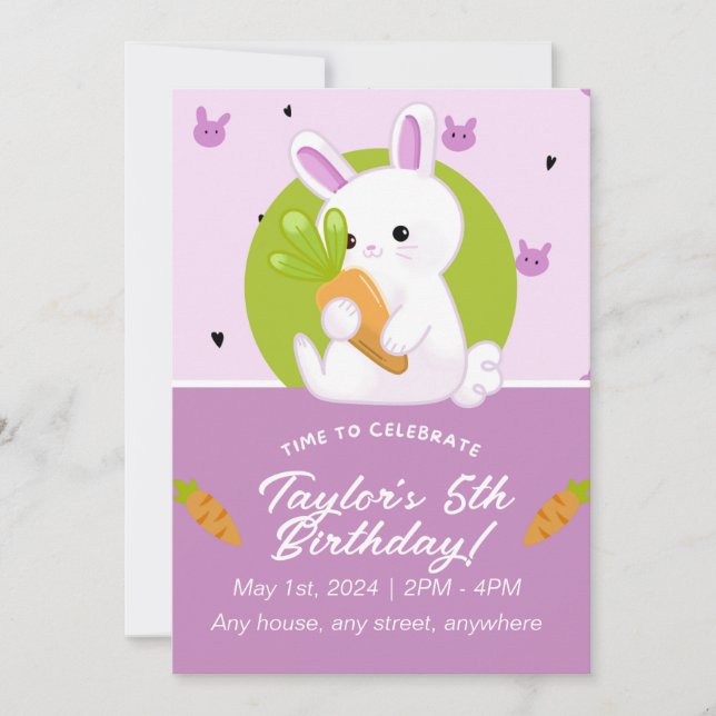 Cute Bunny Birthday Party Invitation. Editable. Invitation (Front)