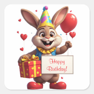 Cute Bunny Birthday With Gift And Sign 🐰 Square Sticker