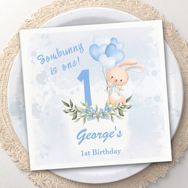Cute Bunny Blue 1st Birthday Boy Greenery Spring Napkins (Cute Bunny Blue 1st Birthday Boy Greenery Spring Napkins)