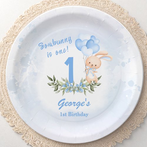 Cute Bunny Blue 1st Birthday Boy Spring Paper Plates