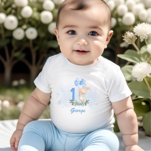 Cute Bunny Blue 1st Birthday Name Greenery Spring Baby T_Shirt