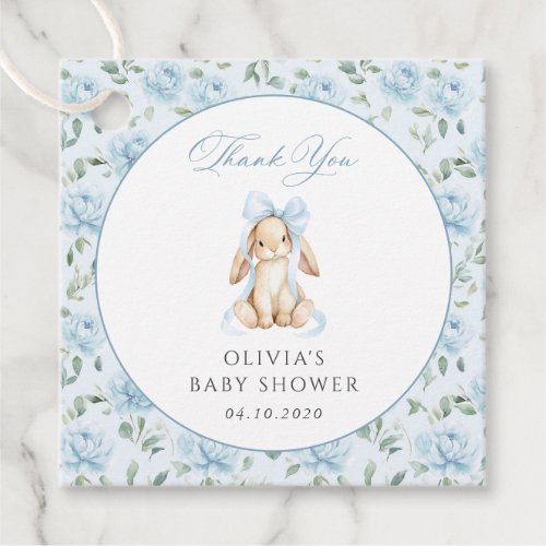 Cute Bunny, Blue Bow, Blue Flowers, Baby Shower Favor Tags