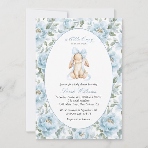 Cute Bunny, Blue Bow, Blue Flowers, Baby Shower Invitation