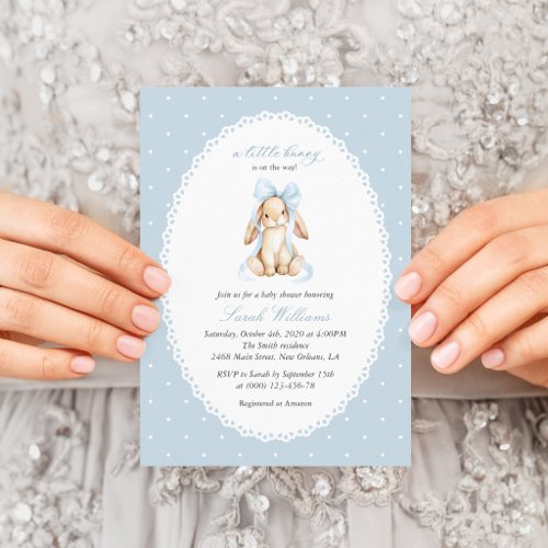 Cute Bunny, Blue Bow, Blue Polka Dots, Baby Shower Invitation