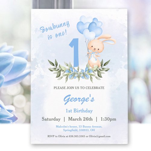 Cute Bunny Blue Greenery 1st Birthday Boy Invitation