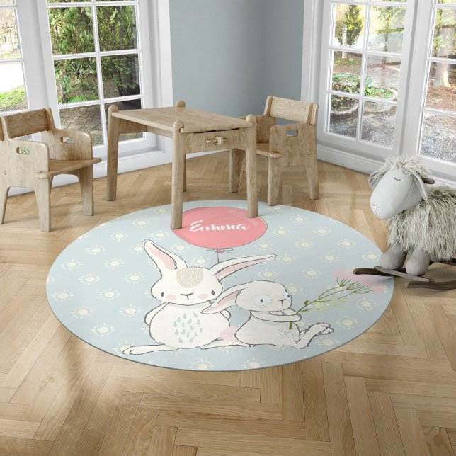 Cute Bunny Blue Pink for kids room Rug (cute nursery and kids playroom rug)