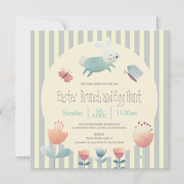 Cute Bunny blue & white striped Easter egg hunt   Invitation (Front)