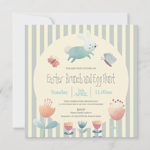 Cute Bunny blue  white striped Easter egg hunt   Invitation