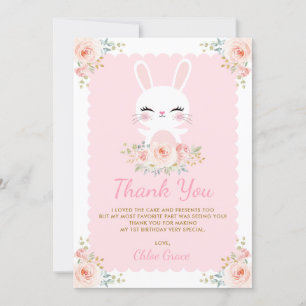 Cute Bunny / Blush Pink Floral Rabbit Birthday Thank You Card
