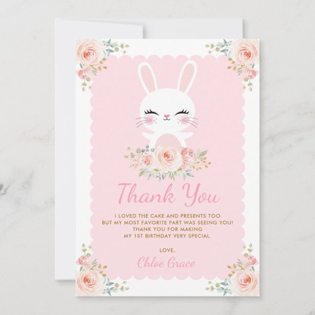 Cute Bunny / Blush Pink Floral Rabbit Birthday Thank You Card (Front)