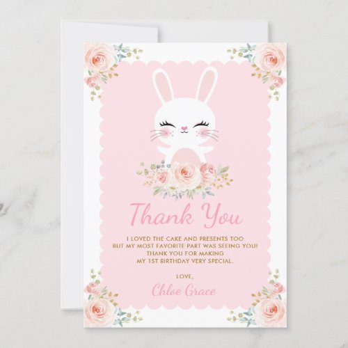 Cute Bunny  Blush Pink Floral Rabbit Birthday Thank You Card
